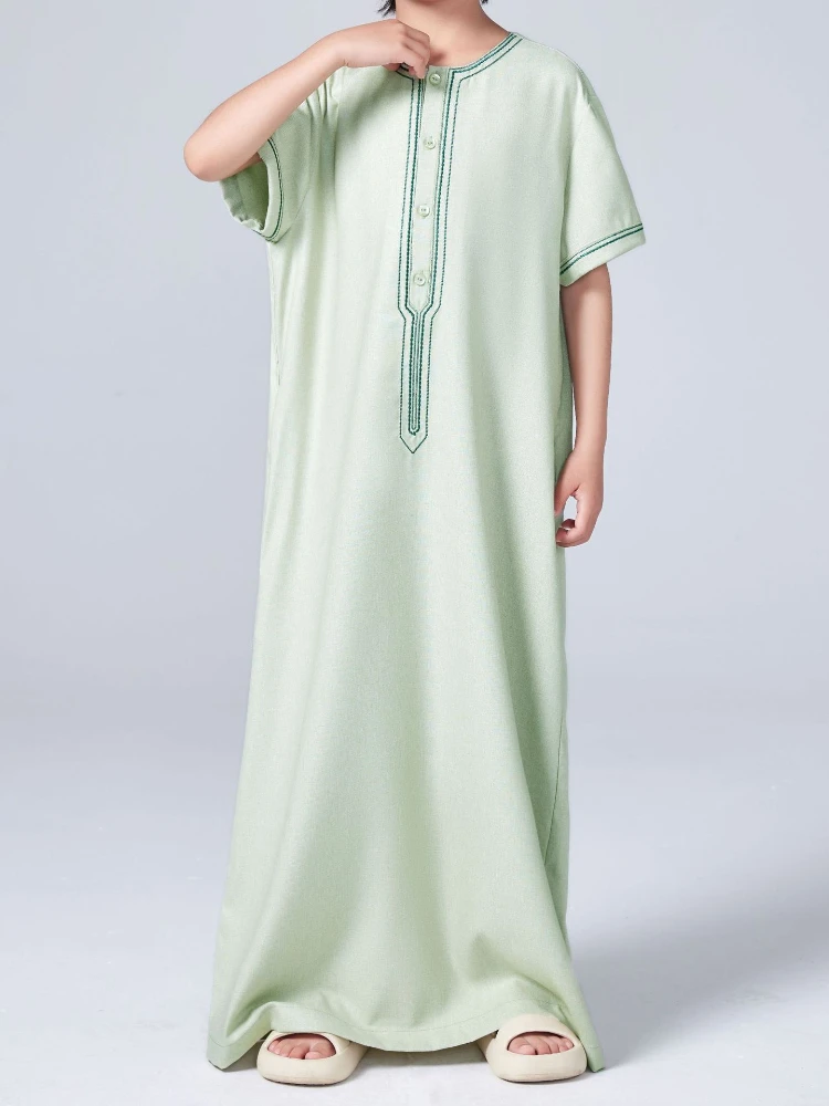 

Ramadan Boys Jubba Thobe Muslim Fashion Abayas Middle East Arab Kaftan Short Sleeve Robe Dubai Islamic Clothing Child Long Dress