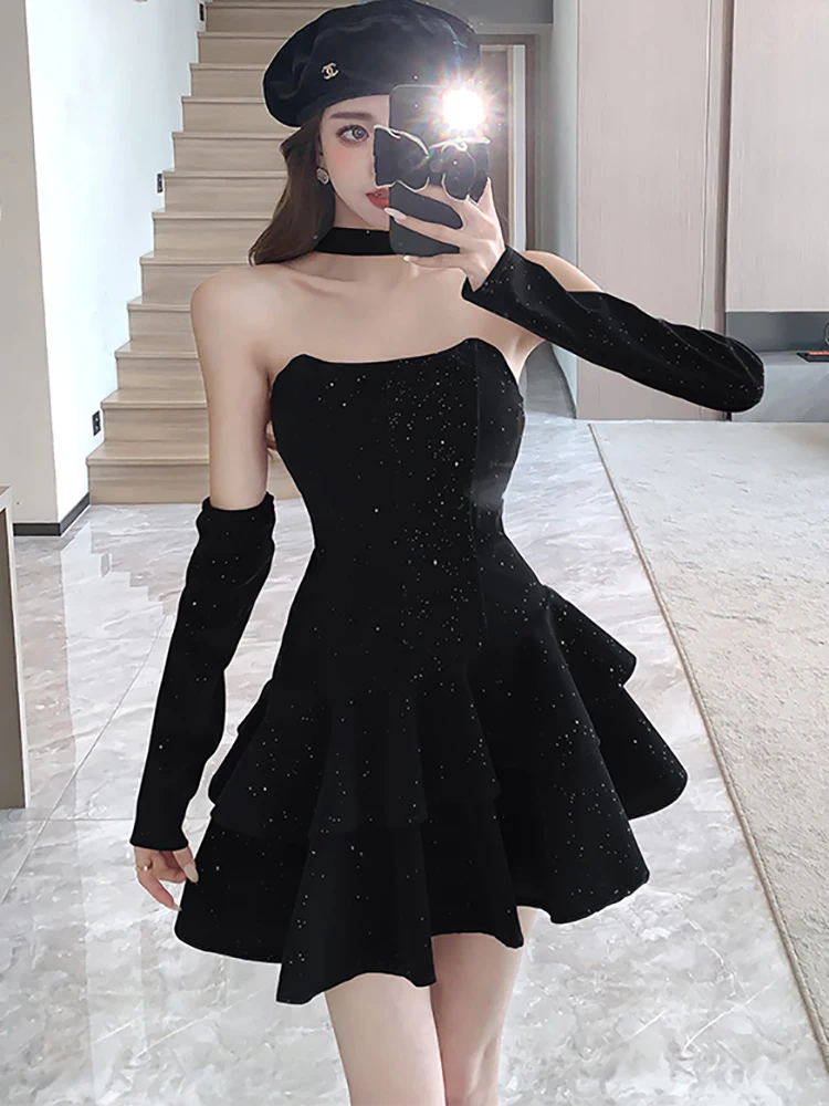 Fashion Sequins Luxury New Year Red Dress Women Autumn Winter Velvet Chic Tierred Sexy Mini Dress 2024 Korean Vintage Prom Dress