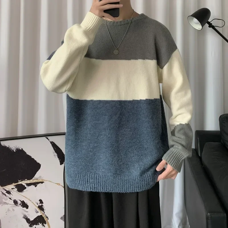 Korean Patchwork Striped Sweater Men Winter Men's Pullover Loose Knitted Sweaters Mens Contrast Color Clothing Casual Pull Homme