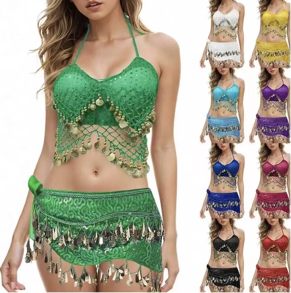Conjunto de Danza del Vientre Hindú para Mujer, Top con Lentejuelas Brillantes y Falda, Disfraz para Carnaval, Fiesta, Espectáculo