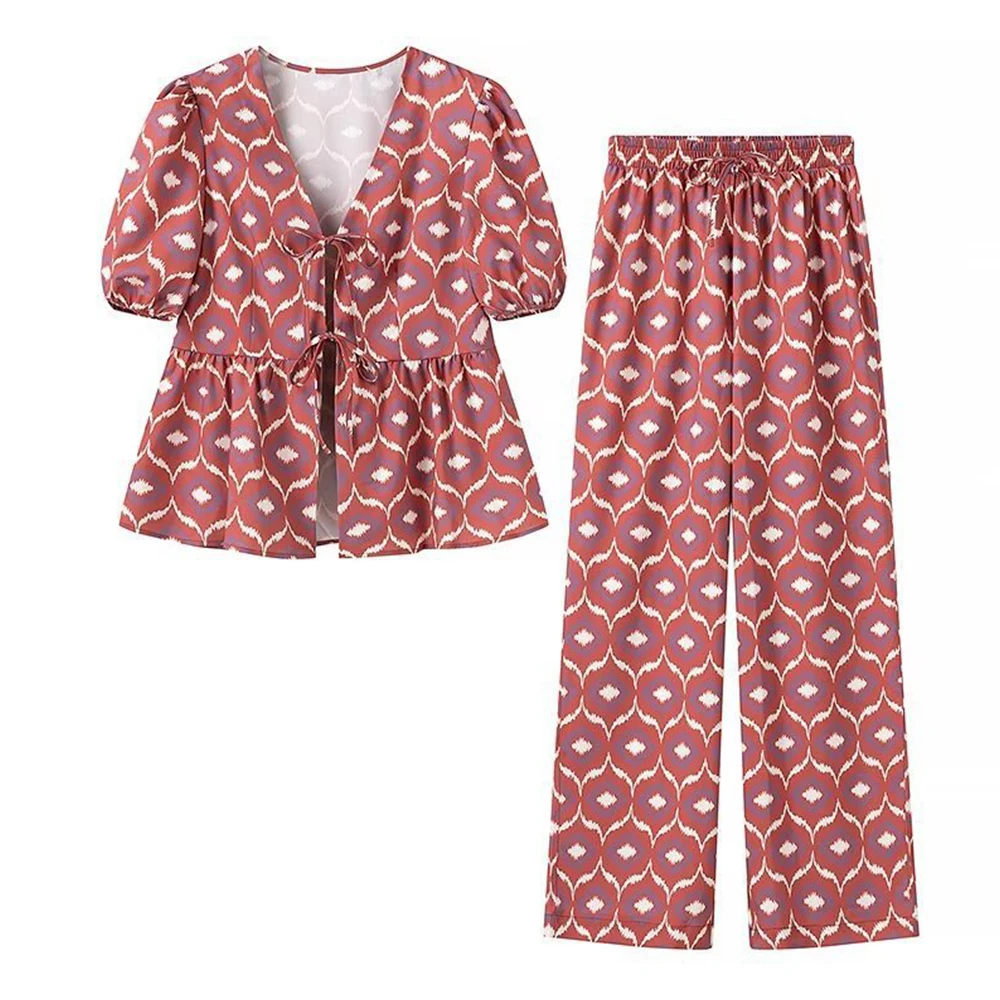 

Sets Summer Cottagecore Graphic Print Lace-Up Open Stitch Puff Sleeve V-Neck Woman Clothing Sets For Women