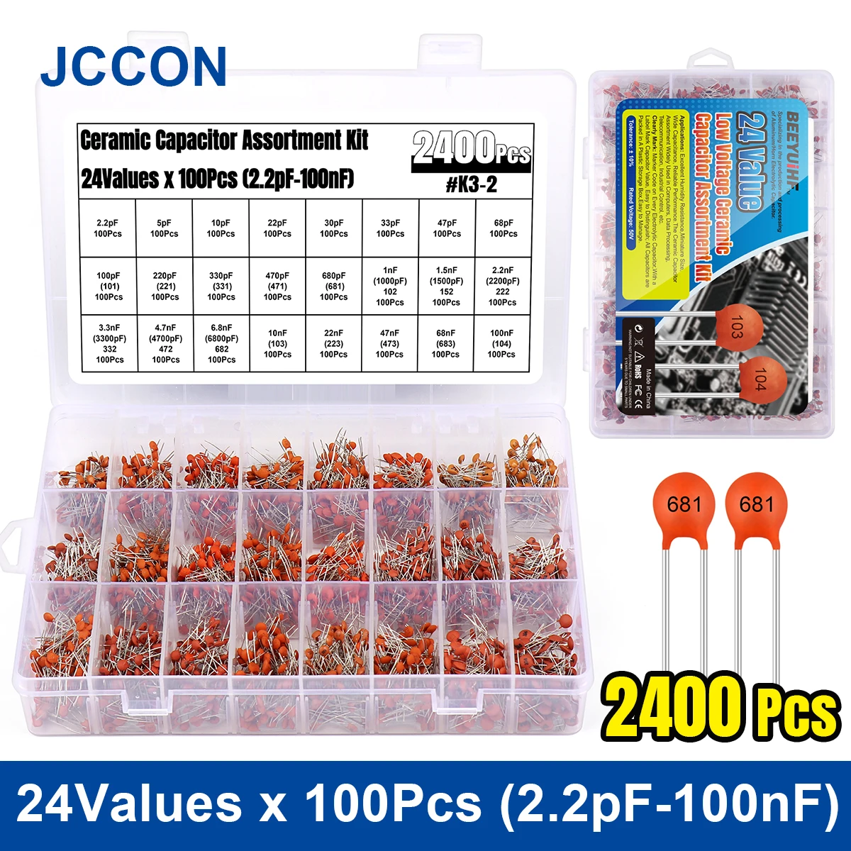 

2400Pcs JCCON Ceramic Capacitor Assortment Kit 24Values x 100Pcs 2.2pF-100nF 50V Disc Ceramic Capacitors Set