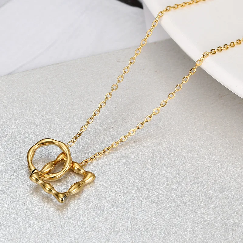 316 Stainless Steel Irregular Twisted Round & Square Interlocked Pendant Thin O Link Choker Gold Silver Abstract Geometric Uniqu