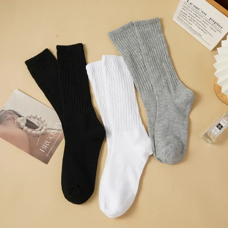 

Spring Autumn Women's Ins Knitted Calf Socks Solid Color Korean 3 Pairs Simple Sock Thickened Extra Long Warm Mid-calf Socks
