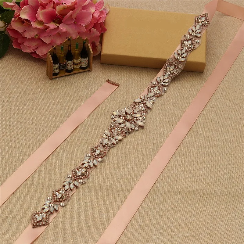 Rose Gold Color  Opal Crystal Bridal Sash Pearls Wedding Dress Waistband Dress Belt Accessories