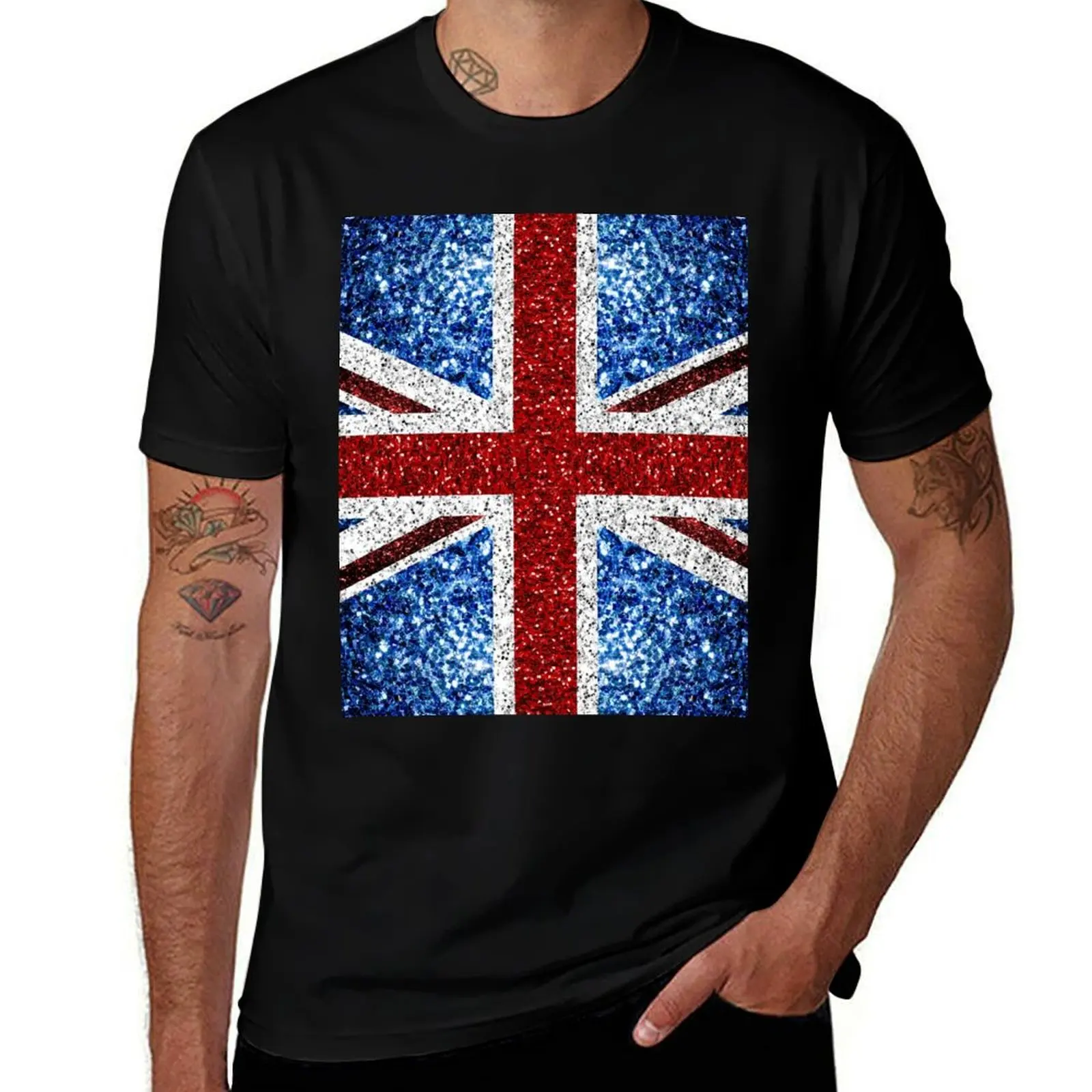 UK flag red blue white faux sparkles glitters United Kingdom British Union Jack (Photo of Glitter - Not Reflective) T-Shirt