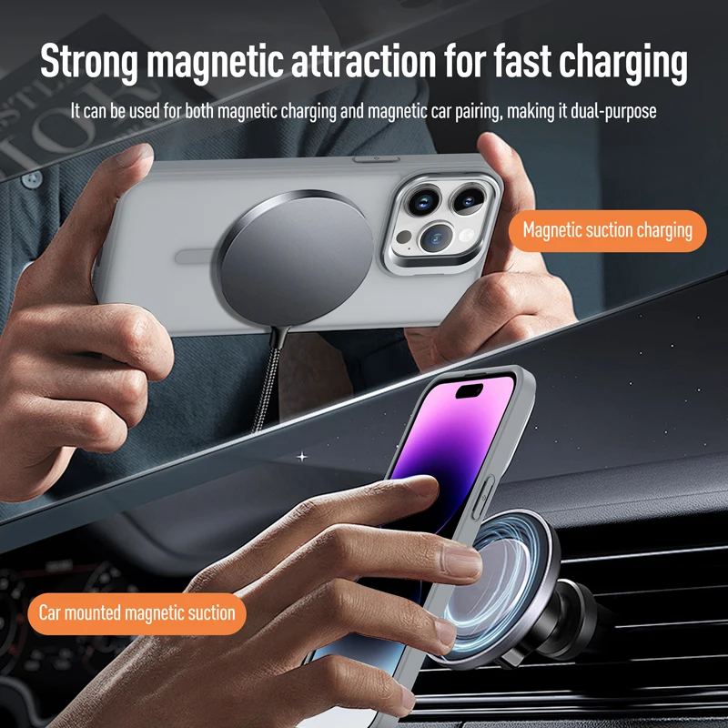 Magnetic Luxury Lens Metal Ring Stand Phone Case For iPhone 15 14 13 12 11 Pro Max Translucent For Magsafe Wireless Charge Cover