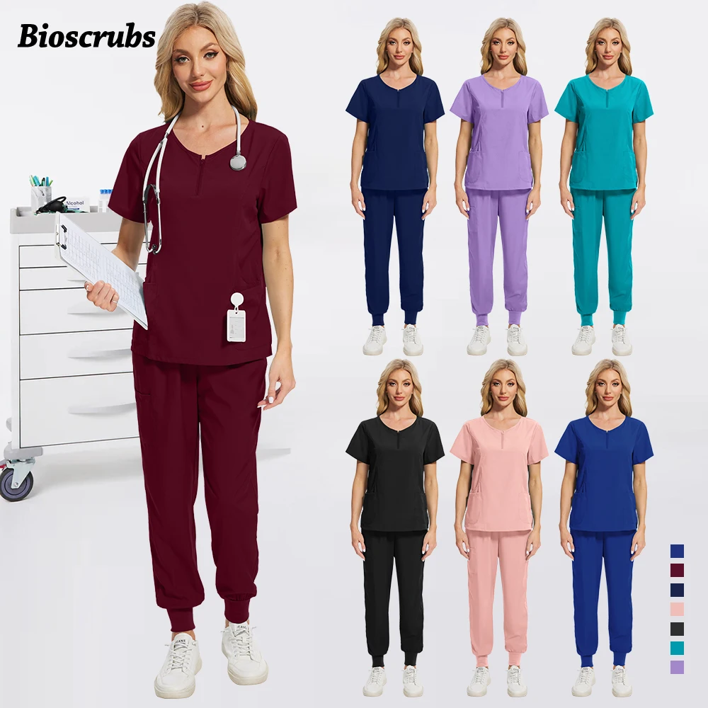 

Ladies Medical Uniforms Dental Clinic Use Scrubs Set Zip V-Neck Top Jogger Pants Dentist Surgical Uniforms Micro Elasticity Suit