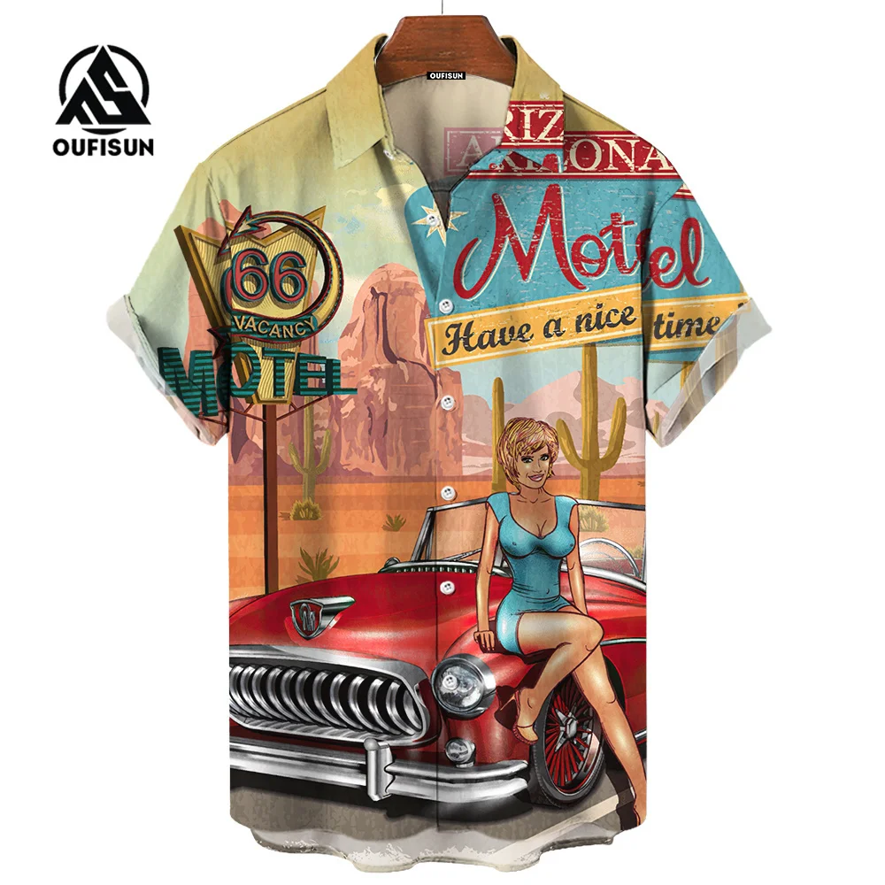 Camicia da uomo Retro moto risvolto camicia abbottonata estate manica corta abbigliamento strada Casual vestiti larghi 2024 camicia hawaiana