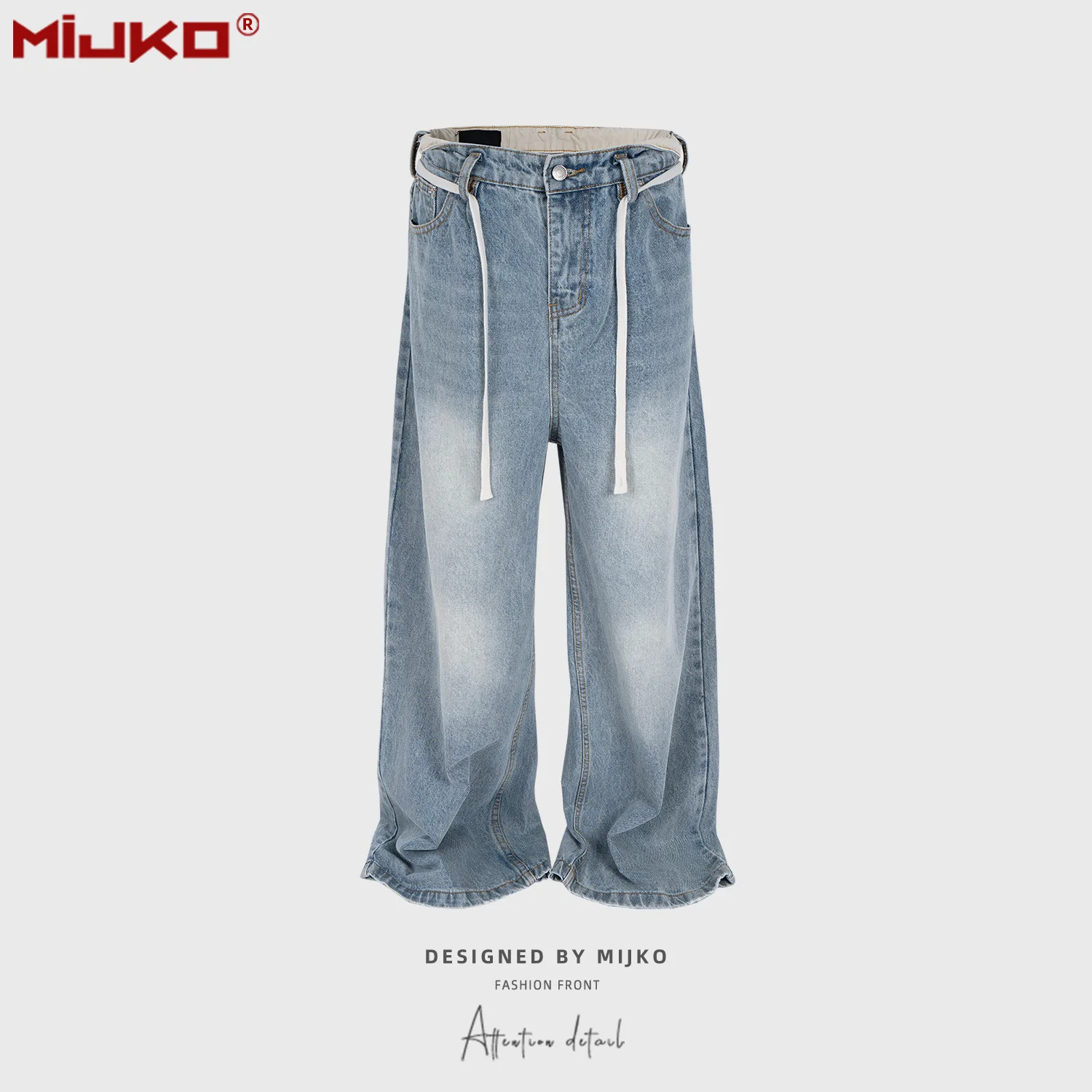 MIJKO MIJKO Retro Drawstring Denim Jeans Men's High Waist Student Straight Leg Floor-Length Pants