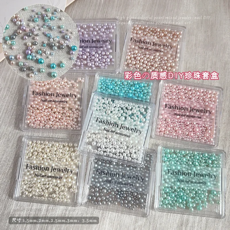 YYM 1 Box Mixed Size Colorful Pearl Nail Decorations Shiny 3D Multicolor Round Pearls For Manicure Nail Art Charms Manicure Tool