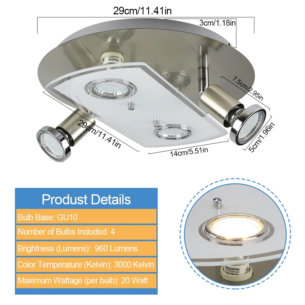 Depuley 4-light LED Track Light Ceiling Spotlight Directional Adjustable Multi-Head Flush Mount Ceiling Light GU10 Bulb for Bath