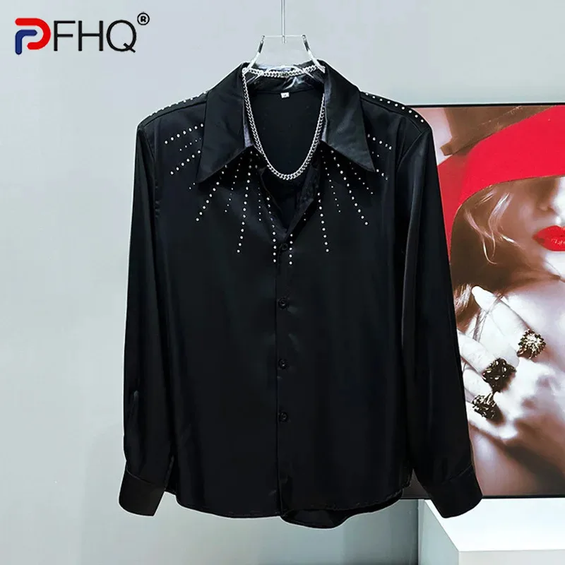 PFHQ قميص رجالي بأكمام طويلة تصميم وسادة الكتف عادية 2025 الربيع بدوره إلى أسفل طوق الفاخرة الذكور بلايز 21E5189