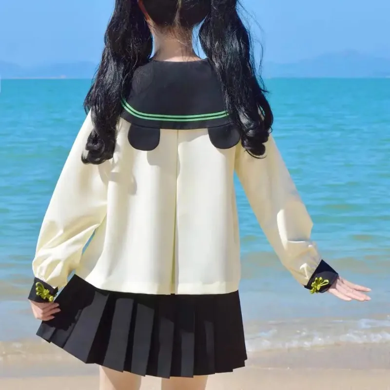 Conjunto uniforme JK estilo lolita japonês para mulheres, panda dos desenhos animados, top solto de gola de marinheiro, mini saia plissada, moda cosplay escolar, fofo