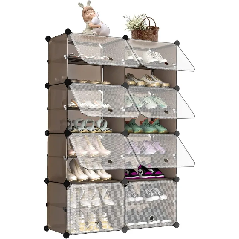 32 Pair Shoe Cabient, 8 Cube 16-Tier Shoes Storage Organizer Covered Shoe Shelvs for Entryway Closet Hollway or Bedroom,