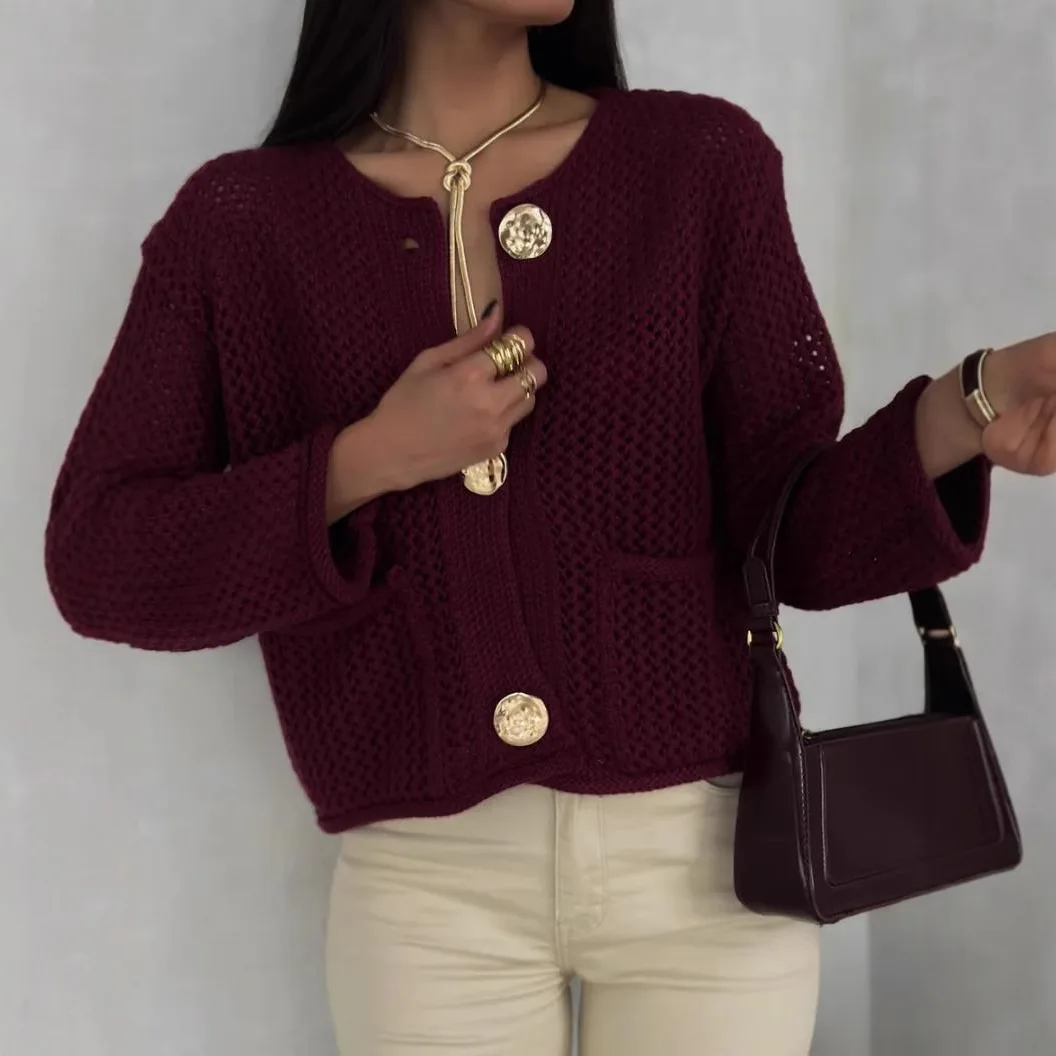 Printemps automne transfrontalier bouton unique aiguille épaisse haut du corps vêtements d'extérieur femmes à manches longues évider manteau en tricot