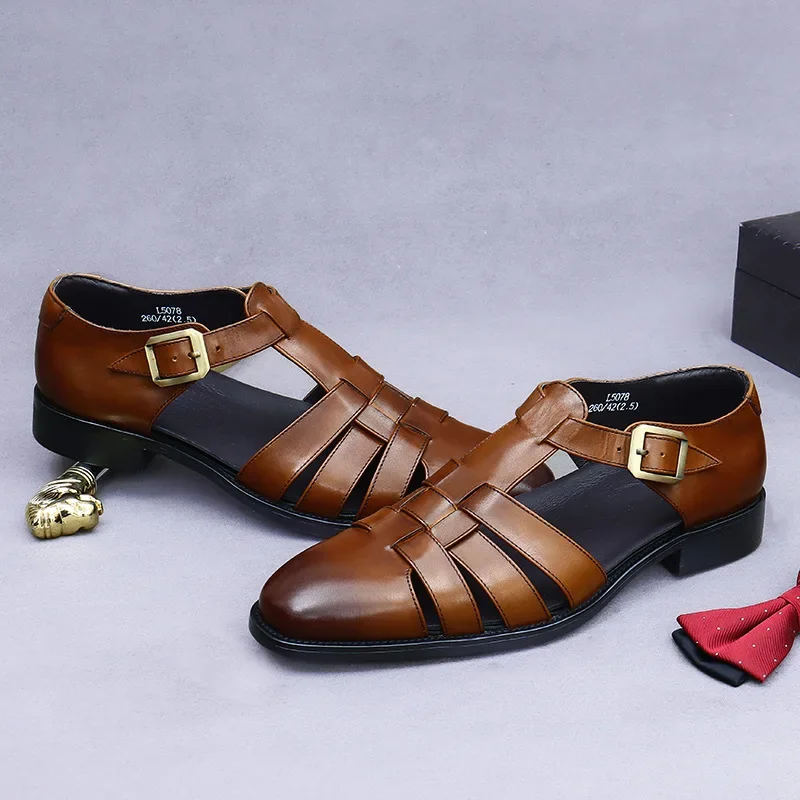 

Roman Style Retro Leather Sandals Men's Top Layer Cowhide Summer Genuine Leather Sandals and Slippers Buckle Outer Beach Shoes