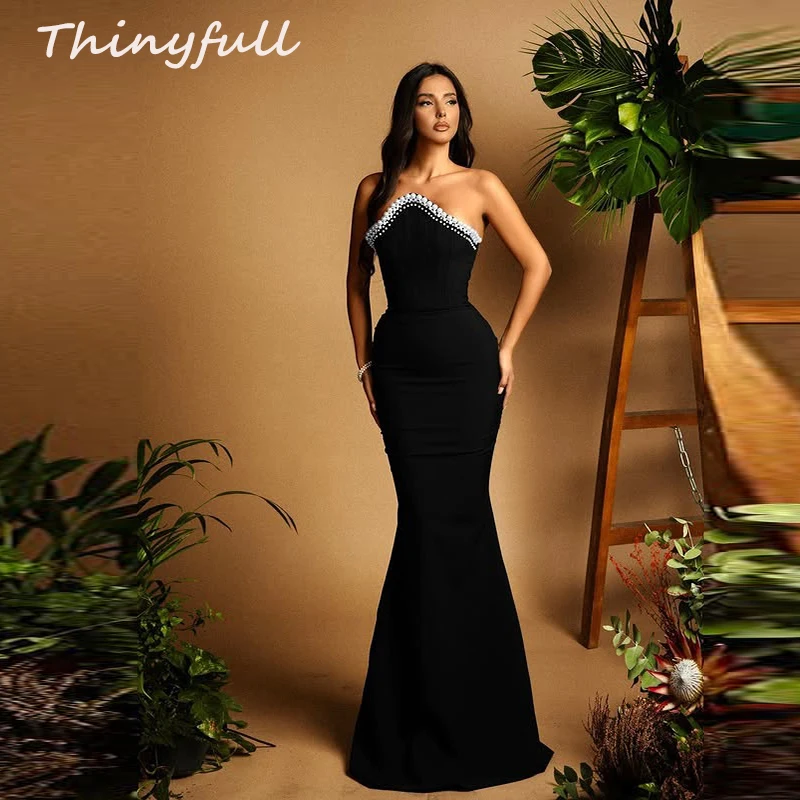 

Thinyfull Mermaid Black Satin Prom Dresses Sleeveless Pearls Evening Party Dress Long Formal Gown robes de soirée Customized