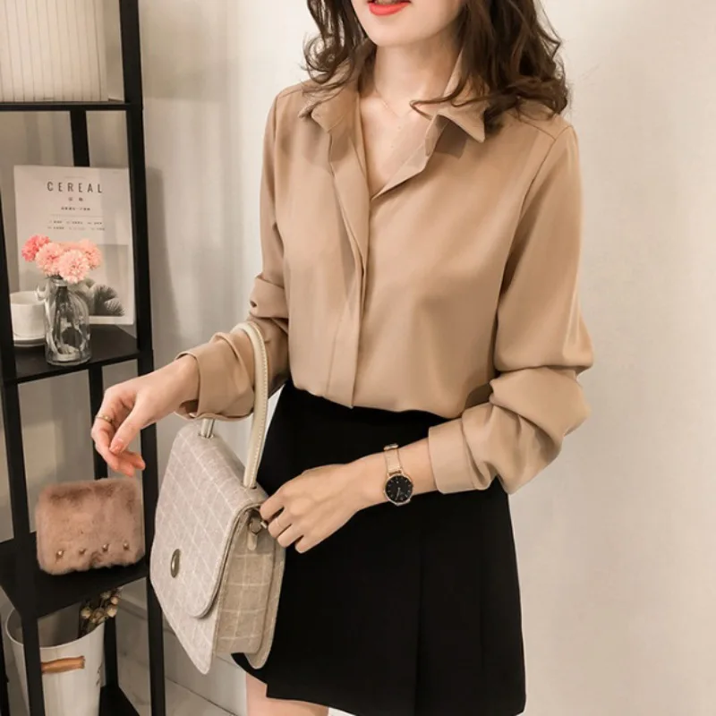 New Women Shirts Summer lady Elegant Shirt Chiffon Blouse Solid Long sleeve office Ladies Fashion Shirts Tops Femme