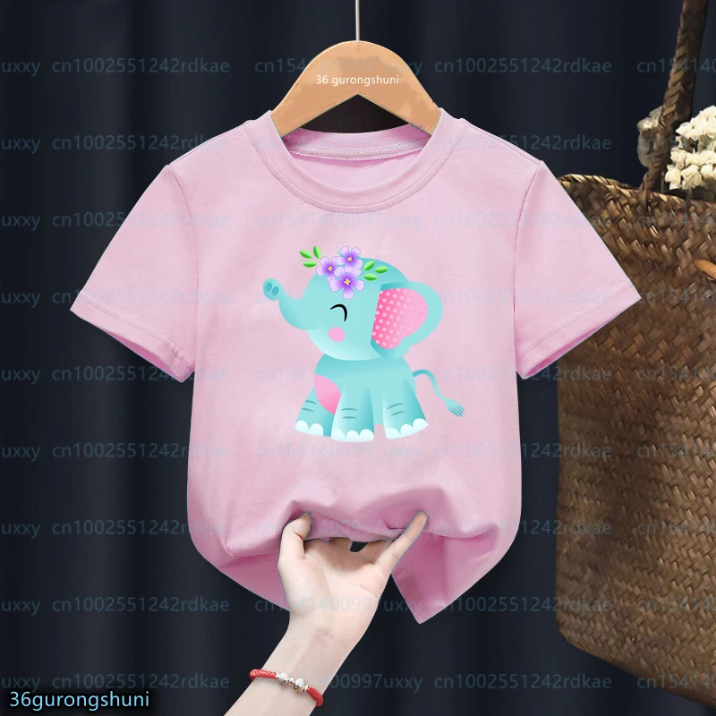 Kawaii Girls T-Shirts Cute Elephant Holding Balloon Animal Print Toddler Tshirts Fashion Aesthetic Girls Pink Short Sleeve Tops