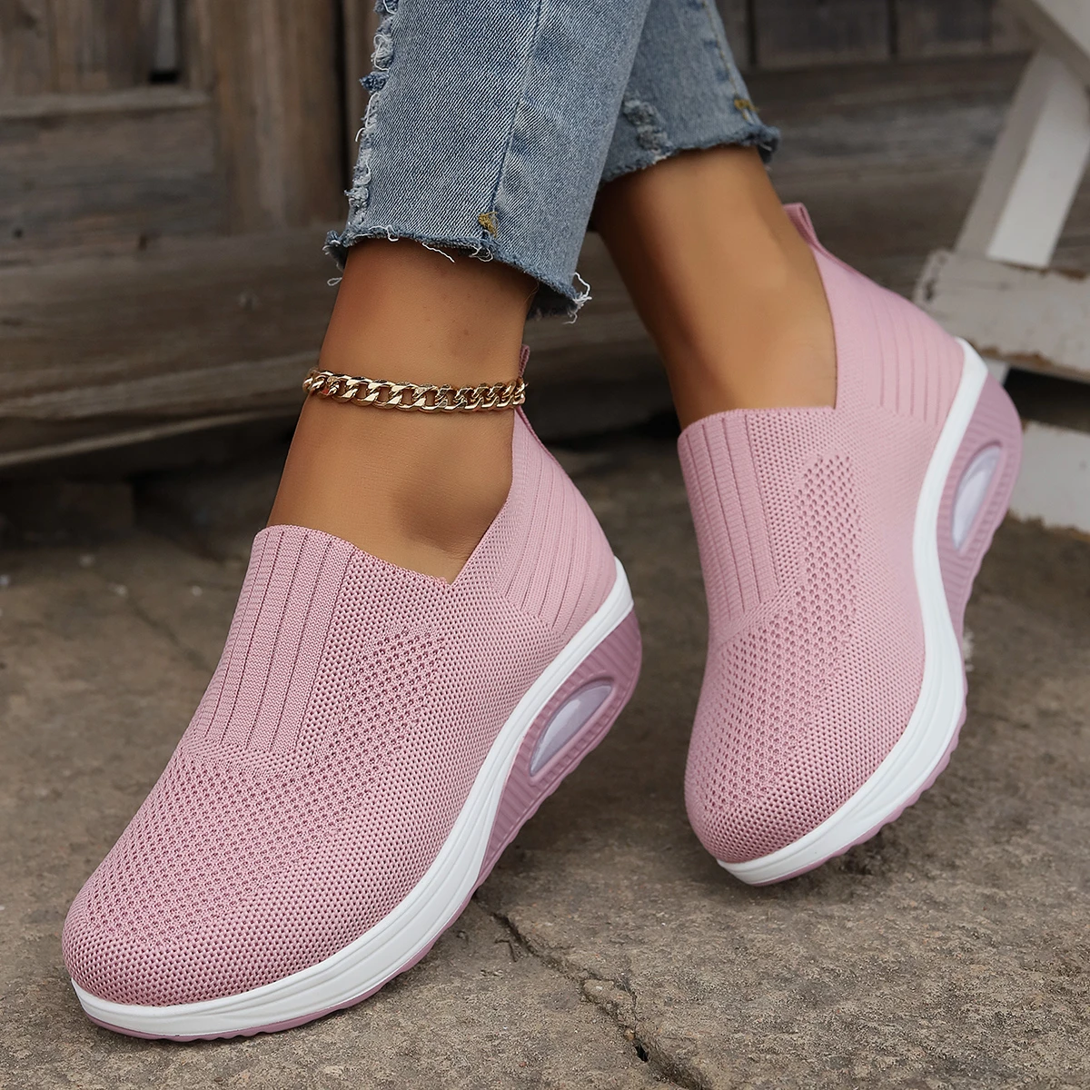 Women\'s Mesh Breathable Casual Sneakers Knitting Slip On Platform Sports Shoes for Women Comfortable Air Cushion Walking Shoes