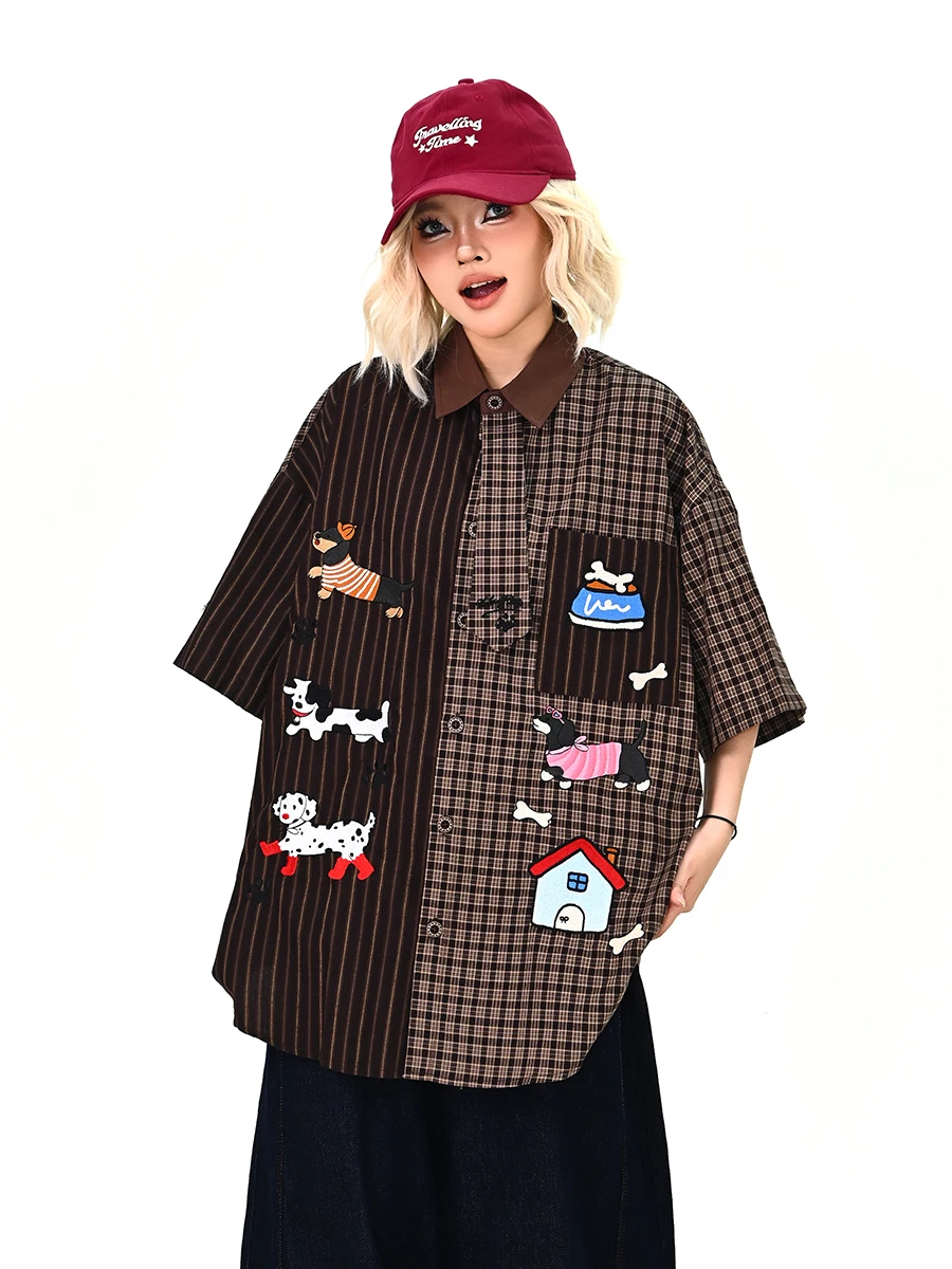 

Новая летняя свободная женская рубашка с коротким рукавом, с мультяшным принтом, в клетку, в стиле бойфренд, американский уличный стиль, топ, удобная повседневная рубашка