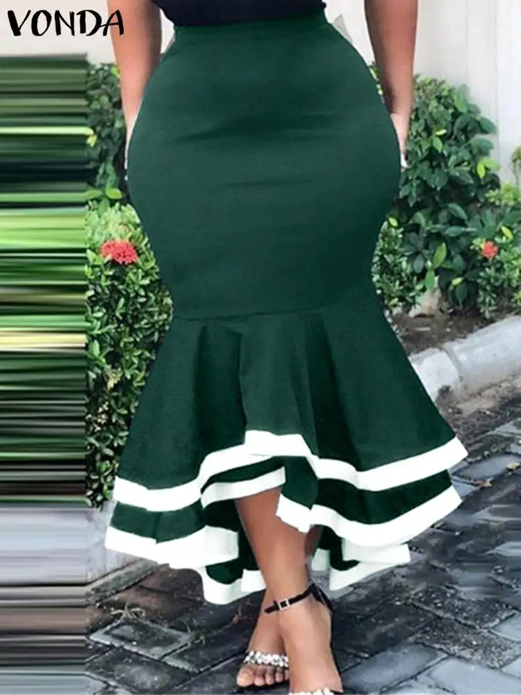 VONDA oversize eleganckie damskie letnie sukienka z rybim ogonem z wysokim stanem spรณdnice Midi z falbanami w stylu Casual, plisowana kolorowy