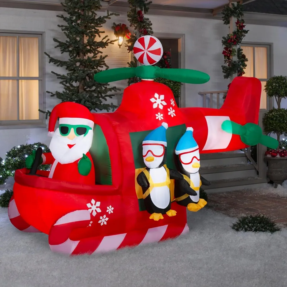 Animated Christmas Inflatable Santa's Helicopter with Skydiving Penguins, 6.5 ft Tall, Multi