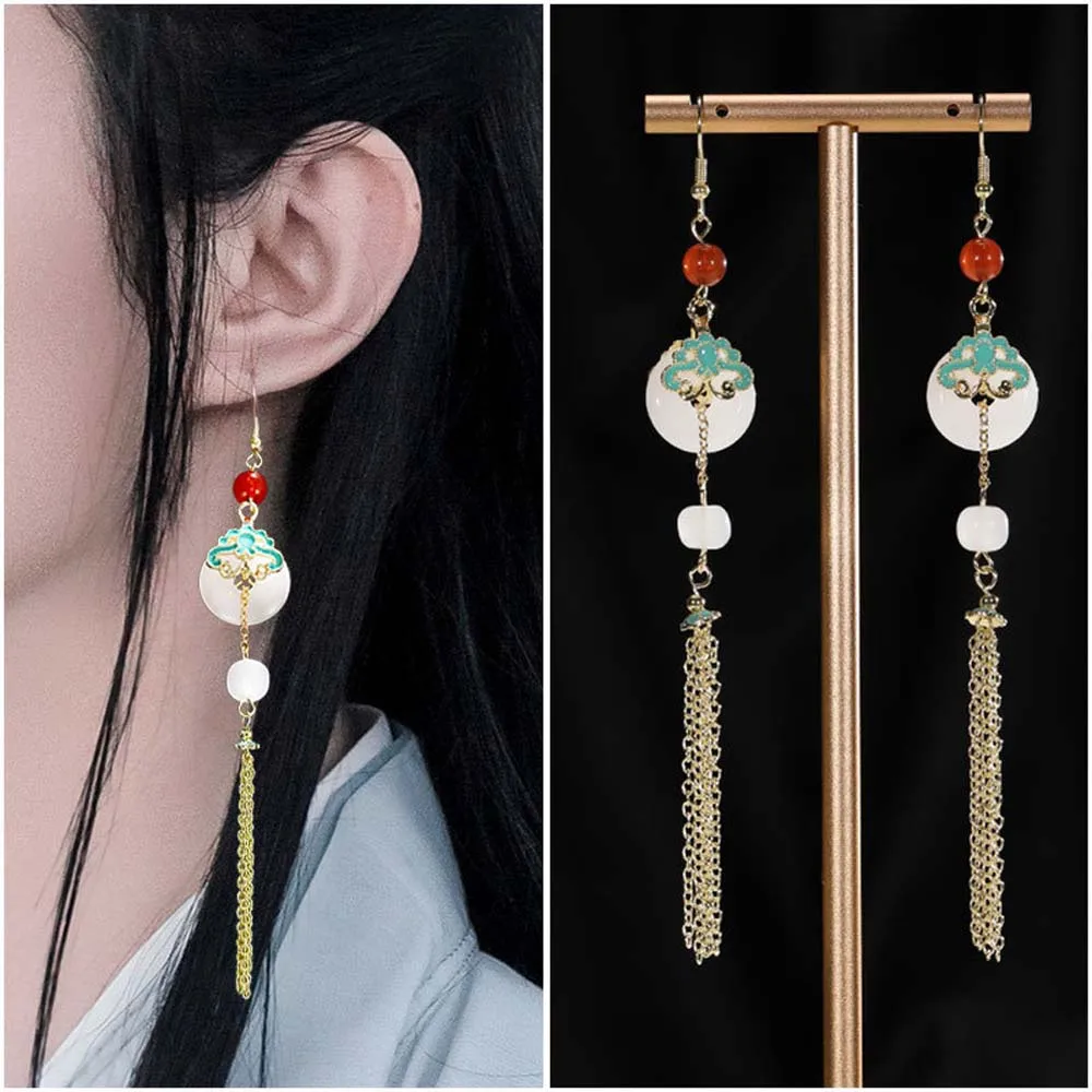 Chinese Antique Style Hanfu Tassel Earrings Long Tassel Ear Drop Ping An Buckle Shape Cheongsam Tassel Ear Hooks