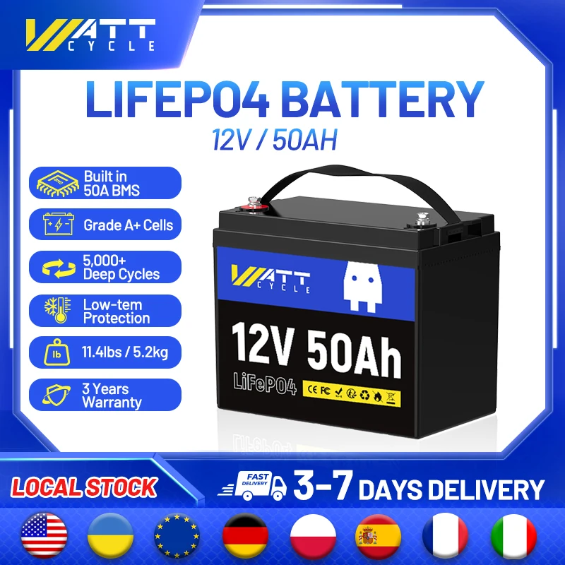 Wattcycle 12.8V 50Ah LiFePO4 Lithium Battery 15000 Cycles 50A BMS For RV, Camping, Energy Storage Lithium Iron Phosphate Battery