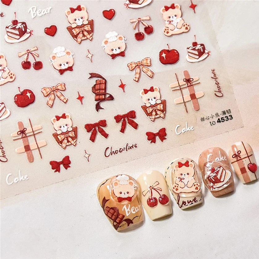 Bowknot Bear Cake Chocolates Food Star Cherry Apple Cook Love Heart Adhesive Nail Art Sticker Rhinestone Reliefs Manicure Decal