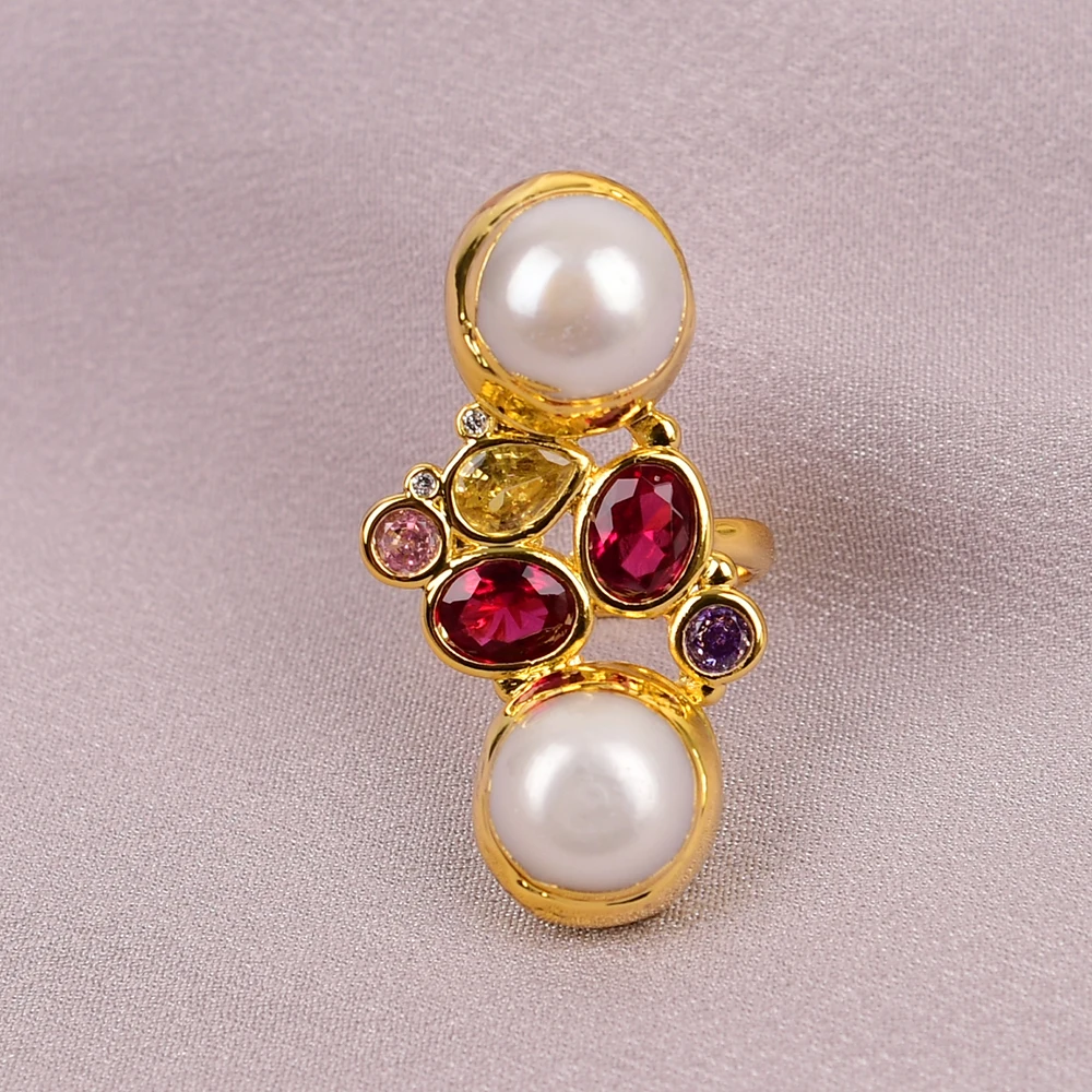 G-G Cultured White Keshi Pearl Rings Mix Color Red CZ Cystal Paved Ring Adjustable For Women