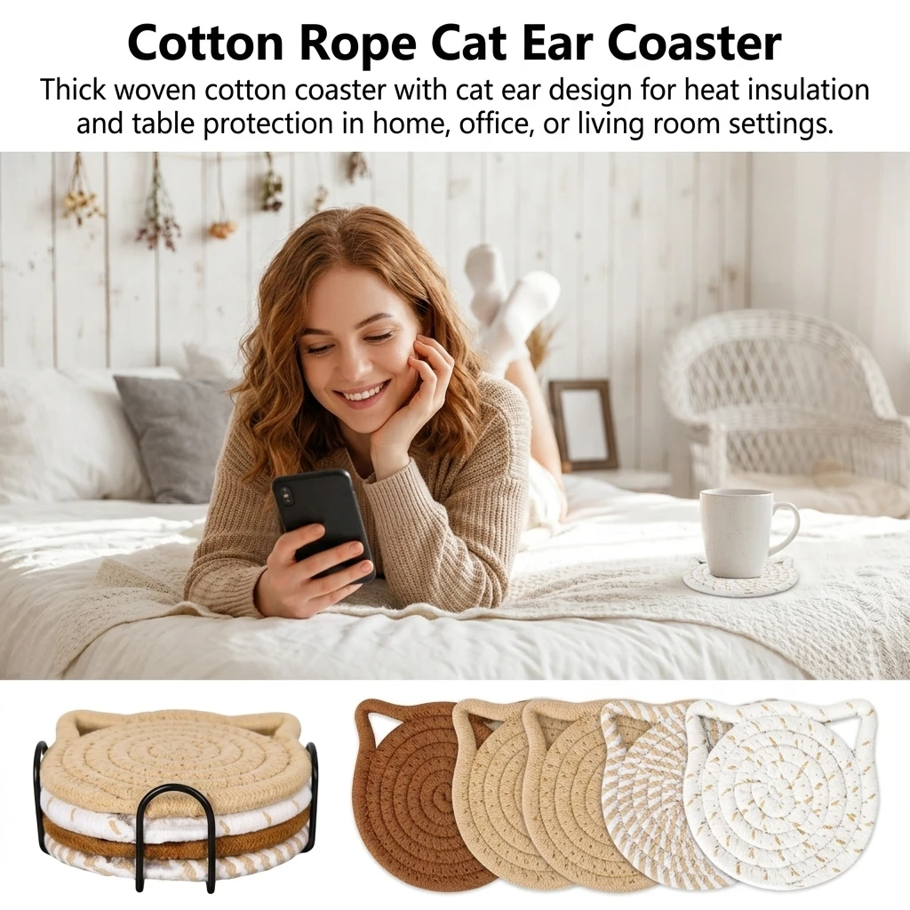Woven Cup Mat Heat Resistant Coaster for Home Office Table Decor Cute Cat Ear Cotton Rope Drink Mats Non Slip Thick Pads