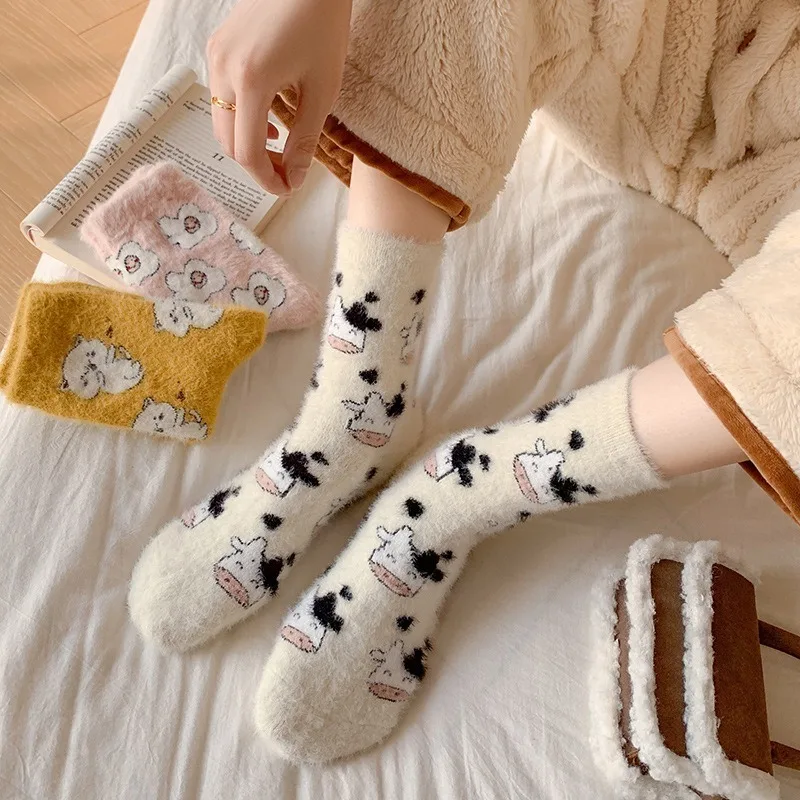 NEW Cute Cow Spots Print Socks Autumn and Winter Plush Mink Stockings Thickened Girl Floor Postpartum Home Dressing Kawaii