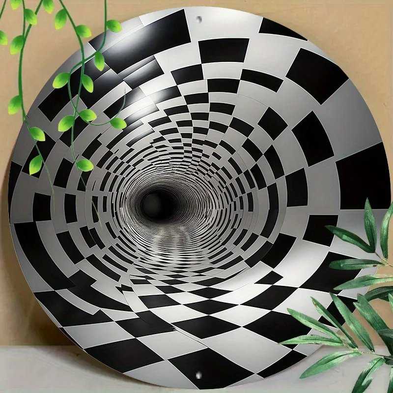 CIFBUY Modern Geometric Optical Illusion Black White Checkered Tunnel Aluminum Wall Art, Waterproof Durable Metal Sign for Home