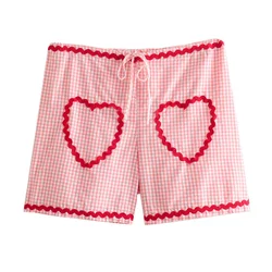 Pantalones cortos Vintage con retales de corazón para mujer, pantalones cortos rosas dulces, ropa elegante, 2024