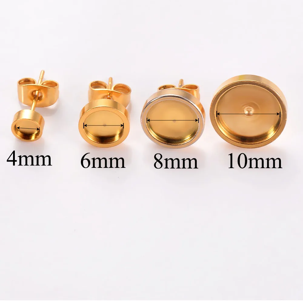 30 teile/los Edelstahl 4/6/8/10mm Flache Stud Ohrring Einstellung Blank Ohrring Basis Harz cabochon Tablett für DIY Schmuck Machen