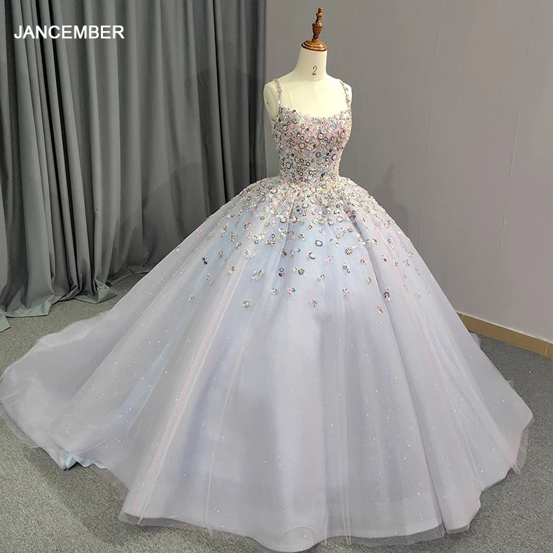 

Jancember Superfine Exquisite Quinceanera Dresses For Gril Sequins Ball Gown Spaghetti Straps Beading Lace Up Bar Mitzvah DY6610