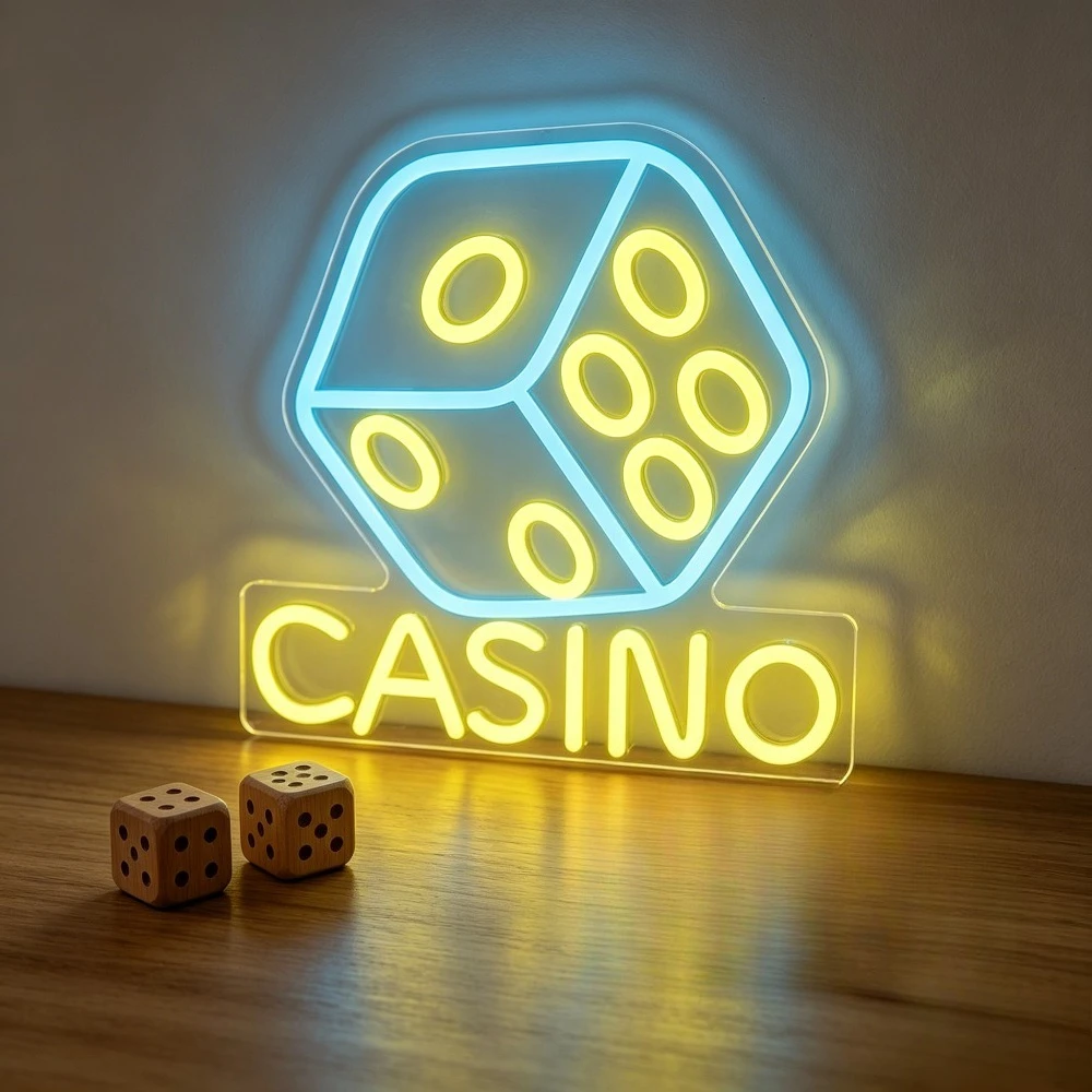 Casino Dice Neon Sign LED Wall Light USB Dimmable for Gameroom Man Cave Bar Club KTV Arcade Billiard Room Party Wall Decor Gift