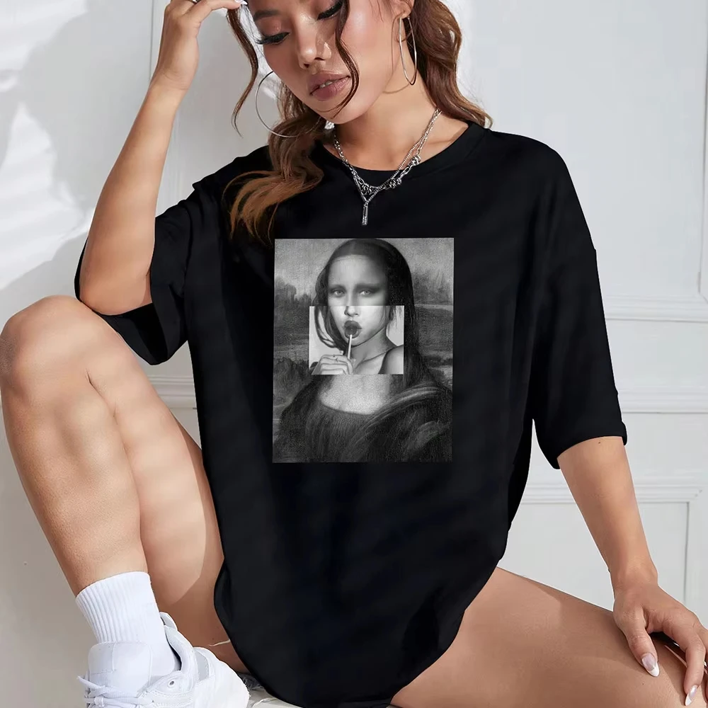 المرأة القطن تي شيرت مضحك الموناليزا مطبوعة قصيرة الأكمام المحملة شخصية مريحة فضفاضة قمم الصيف أزياء سيدة الملابس #4