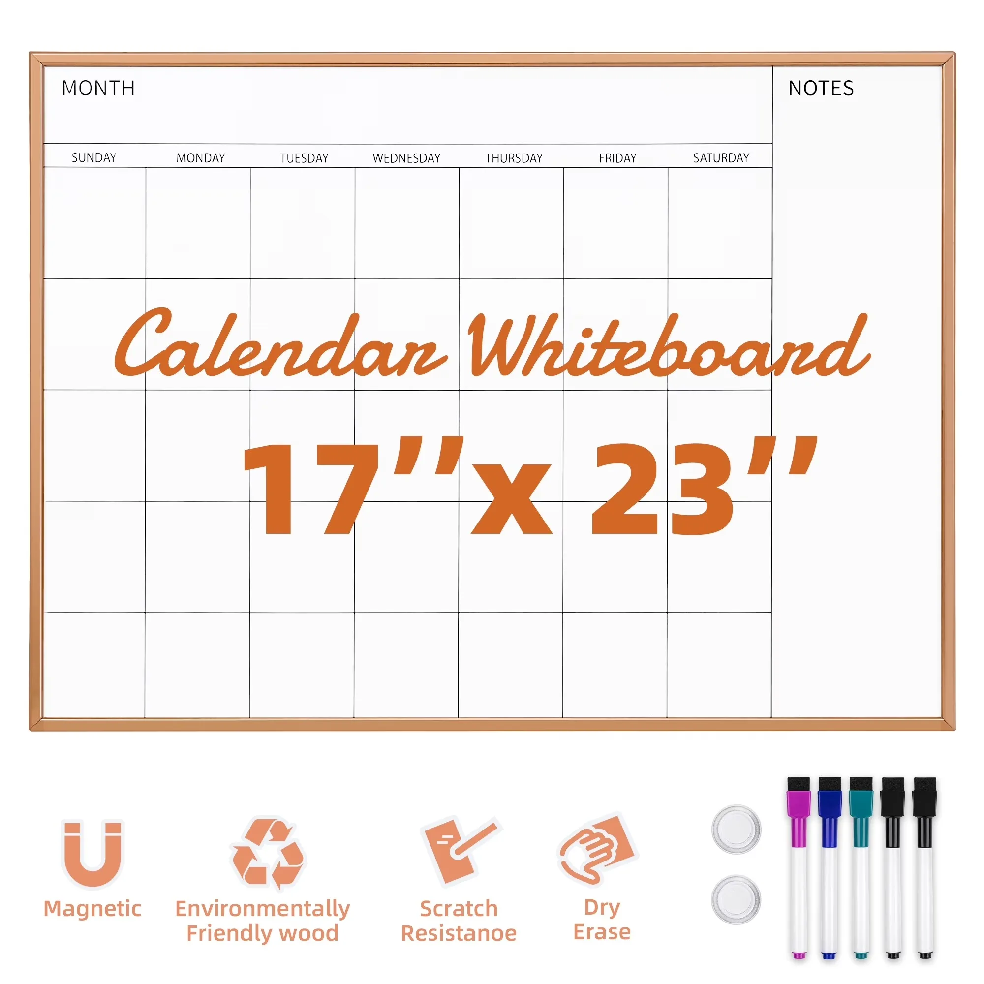 Deli Magnetic Monthly Calendar Whiteboard 17x23 Inch Dry Erase Board Rose Gold Frame for Wall Office Home School