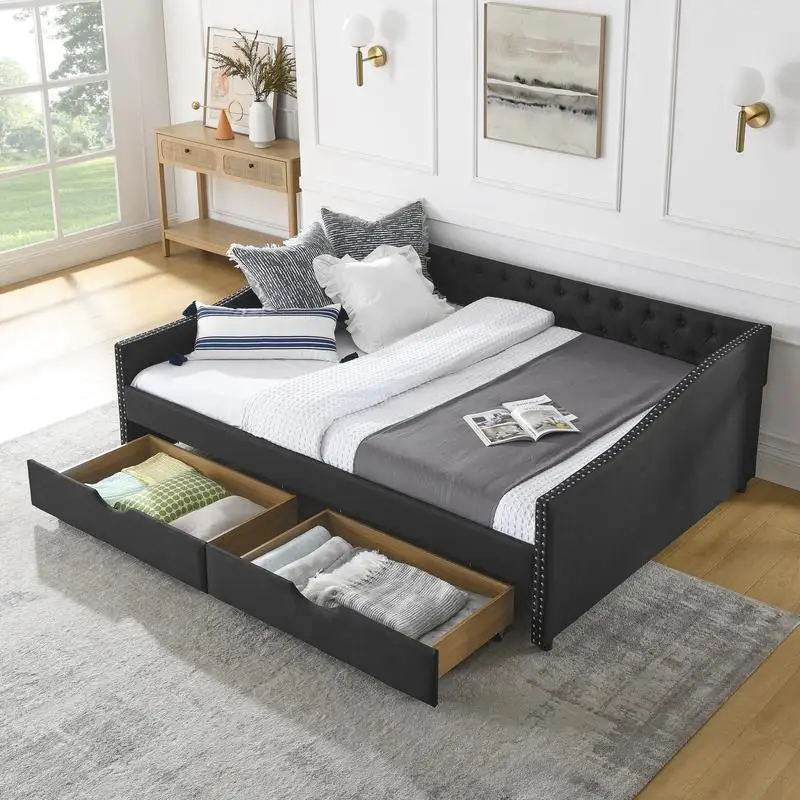 Queen Size Daybed with Drawers, Upholstered Tufted Sofa Bed with Button Back and Copper Nail on Curved Arms, Dimensions