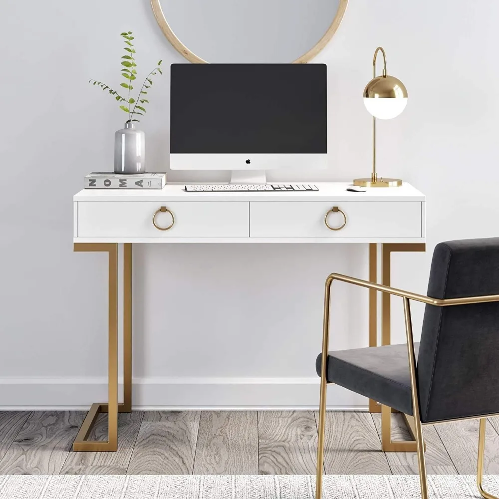 Two-Drawer Writing Glam Accents Brass, Home Office Computer Desk or Vanity Table, 2, White/Gold, Small