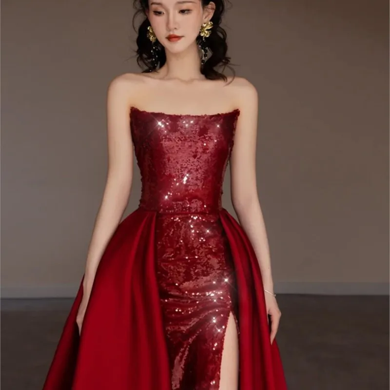 Toasting dress Strapless Burgundy sequin host banquet train