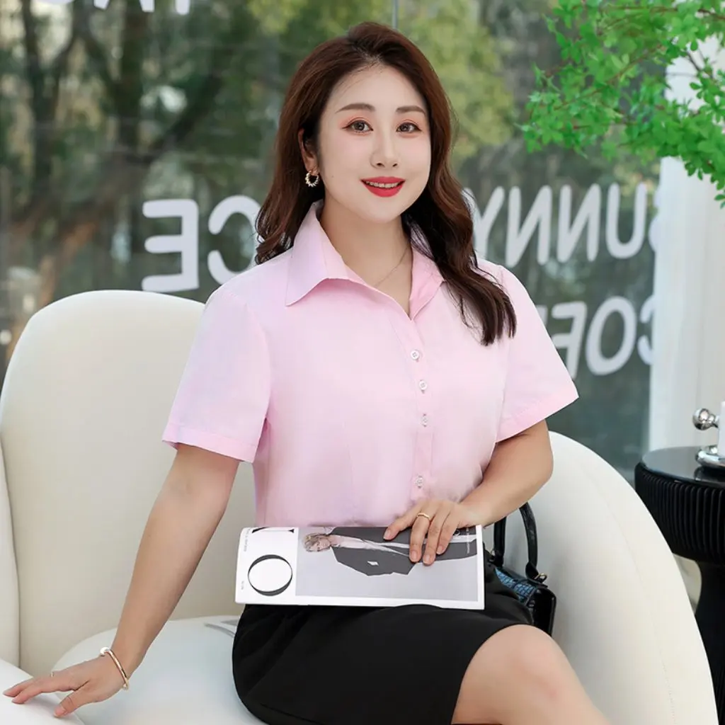 

Large Size Cotton Shirt for Women Dark Vertical Stripes Professional Pink Slim Fit for Civil Service Exam Interview