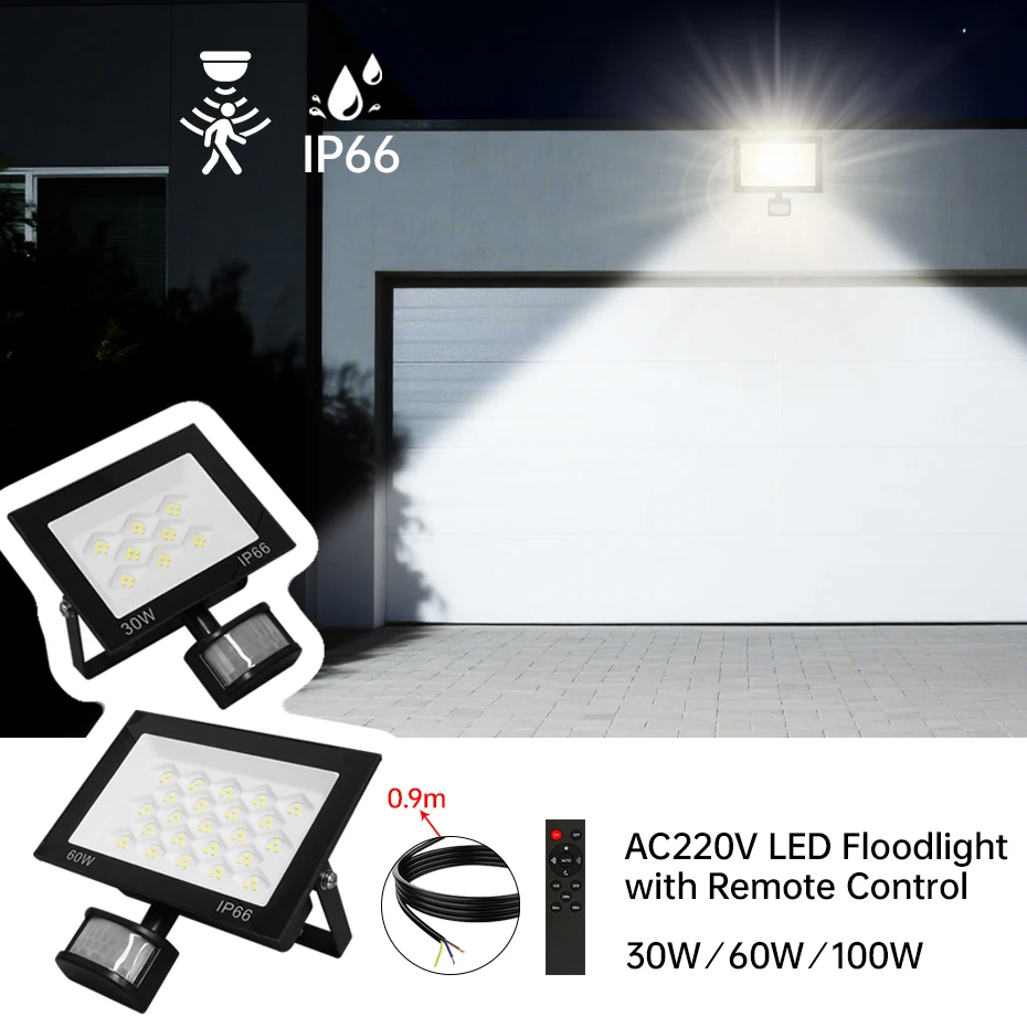 

Светодиодный прожектор с датчиком движения PIR, AC220V, уличный, IP66, водонепроницаемый, 30W 60W 100W, с дистанционным управлением, настенный светильник