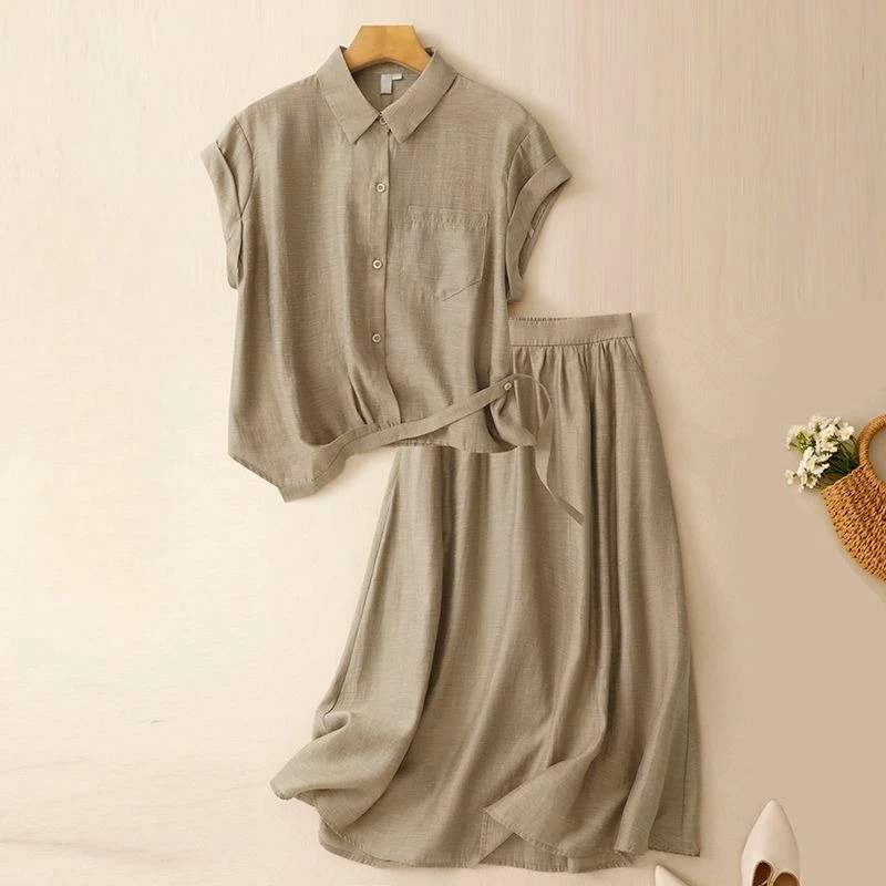 

Casual solid color two-piece set women's summer new thin breathable lapel collar single breasted shirt slimming half skirt