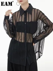 [EAM] Women Black Mesh Perspective Big Size Thin Blouse New Lapel Long Sleeve Loose Fit Shirt Fashion Spring Autumn 2024 1DE9939