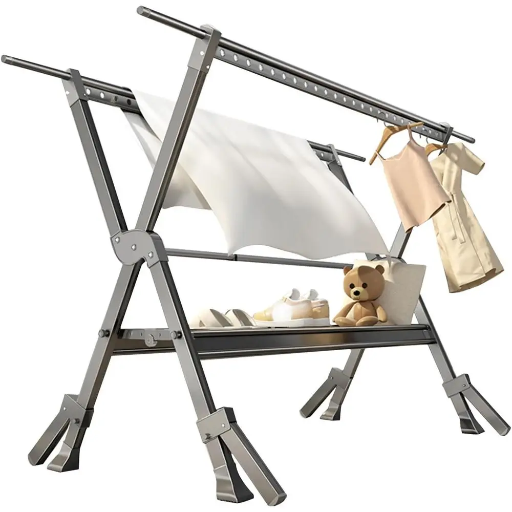 

Collapsible Space-Saving Metal Laundry Drying Rack with Isometric Hanging Holes and Windproof Support