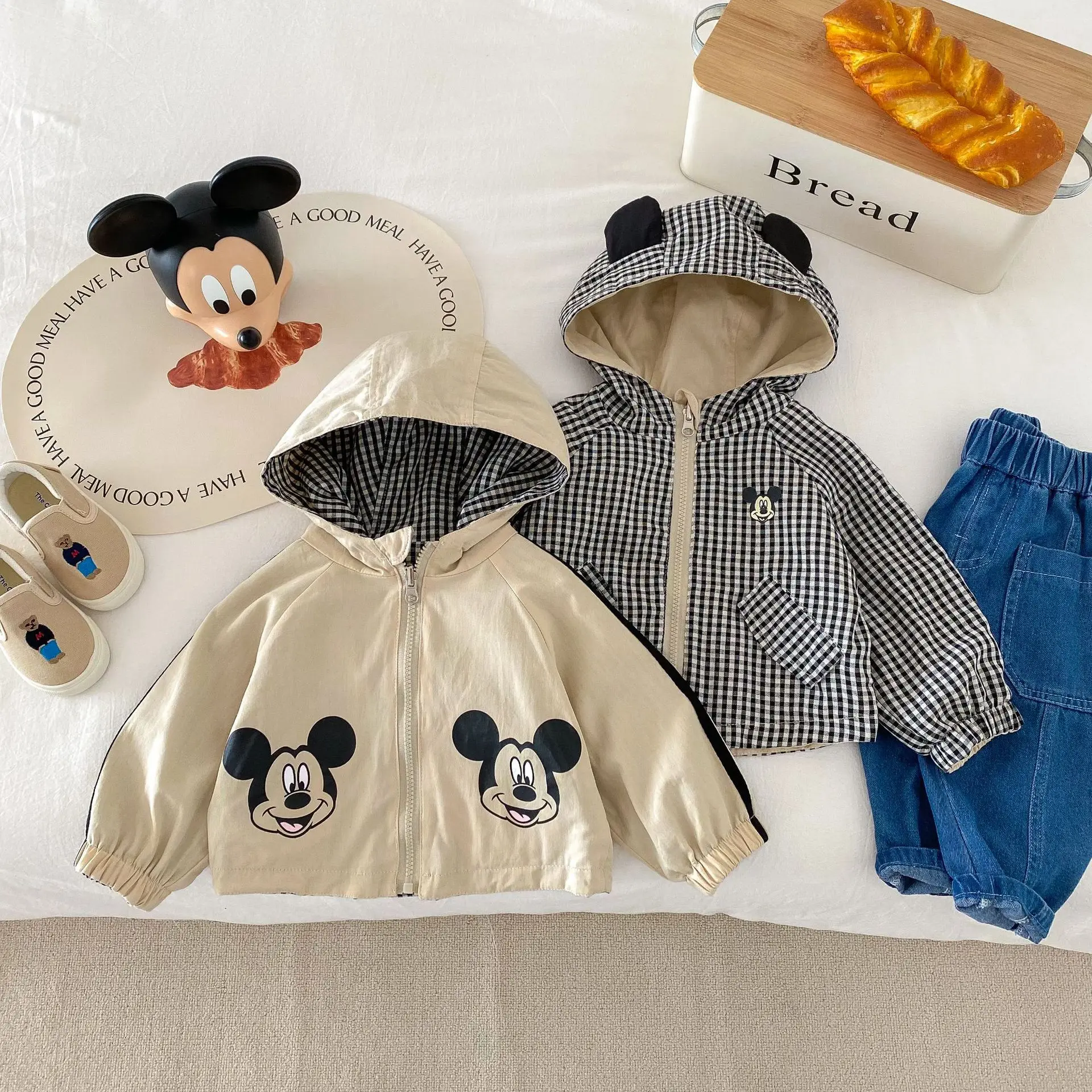 Toddler Kid New Mickey Mouse Double Sided Jacket Spring Autumn Baby Girl Cartoon Hooded Plaid Coat Children Boy Casual Outerwear